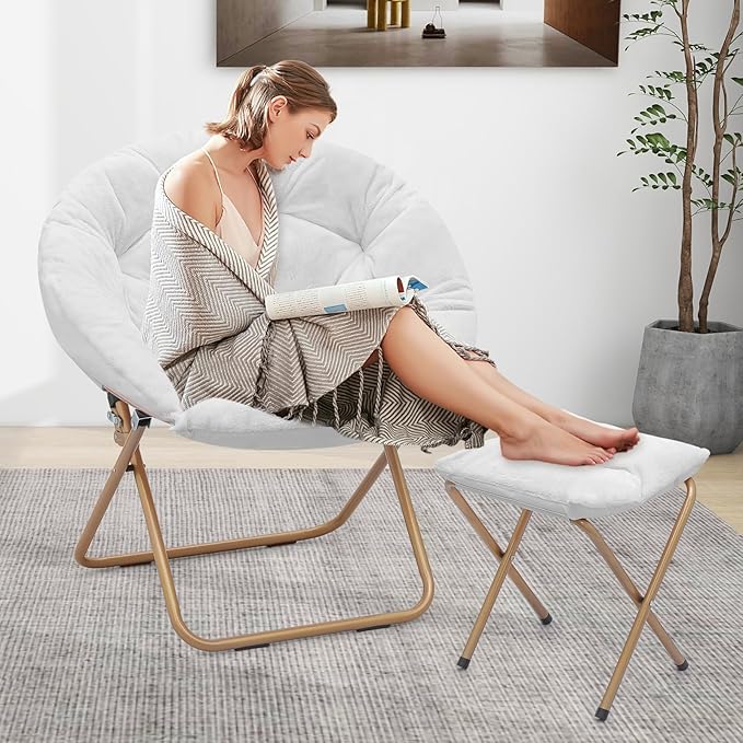 Comfy Saucer Chair Set of 2 with Footrest Metal Frame Cozy Lounge Lazy Chair Folding Faux Fur Round Saucer Chair for Adults Foldable Papasan Moon Chair for Living Room Dorm Bedroom