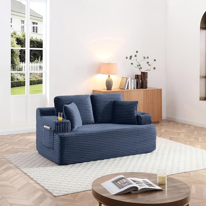 Floor Loveseat Boneless Sofa Couch in a Box with Cup Holder and Side Pockets Corduroy Upholstered 2 Seater Cloud Foam Sofa with Deep Seating for Living Room No Assembly | Breathable material Cuphol