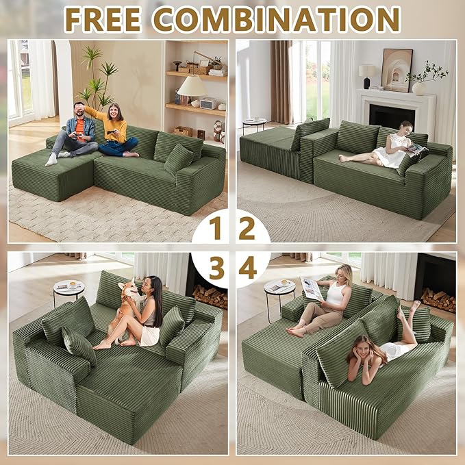 103'' Boneless Cloud Couches for Living Room Corduroy L Shaped Modular Sectional Sofa Couch W/Deep Seat &amp High-Back Comfy Memory Foam Couch Sofa in A Box (Saga Green Left Facing Chaise)