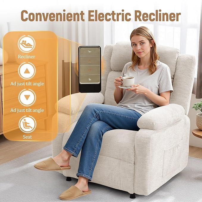 Power Recliner Chair for Adults Oversized Electric Recliner with Thickened Cushions Chenille Fabric Reclining Chair for Living Room Bedroom Beige