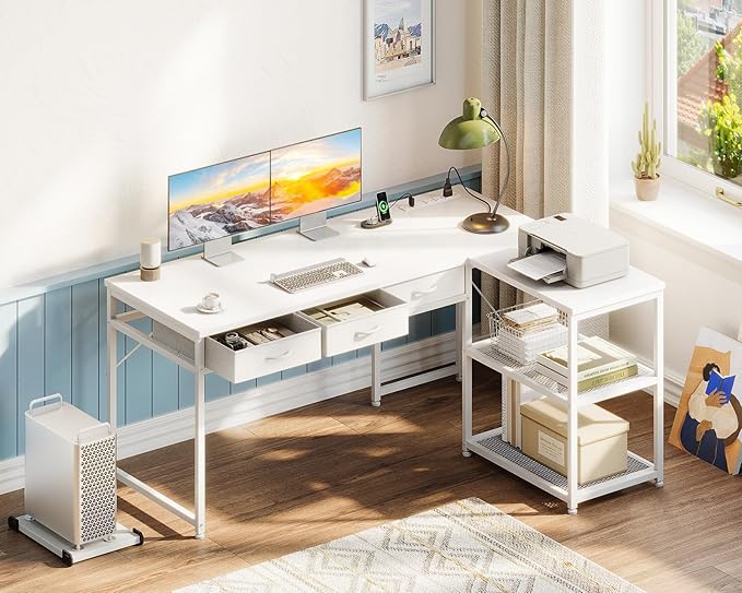 Casaottima L Shaped Desk Reversible Computer Desk with 3 Fabric Drawers 53 Corner Desk with Power Outlets&ampStorage Shelves White Desk with Movable CPU Stand Desk for Home Office