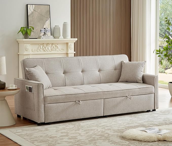 81 Inch Queen Size Convertible Sleeper Sofa 3 in 1 Sleeper Couch with Storage and Pull Out Bed Oversized Loveseat Futon Sofa Hide-A-Bed Fold Out Couch for Living Room