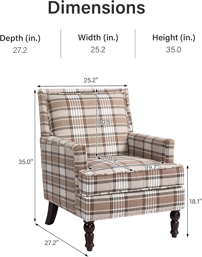 Vintage Upholstered Mid Century Accent Armchair with Solid Wood Frame &amp Plush Cushion for Living Room Bedroom Office - Mocha Check