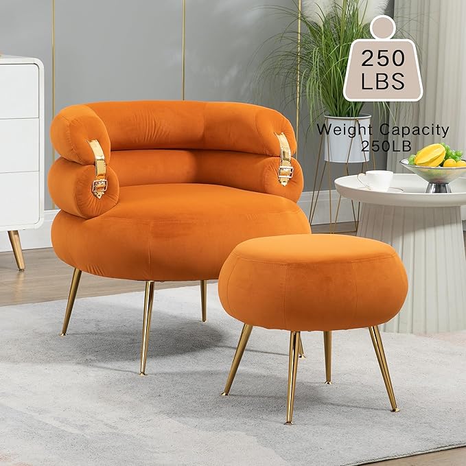 Velvet Accent Chair with Ottoman Set Modern Upholstered Armchair Tufted Chair with Footstool Single Sofa Chair with Golden Metal Legs for Living Room (Orange)