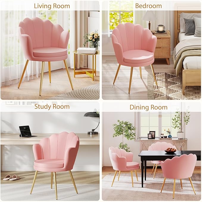 Furniliving Velvet Vanity Chair Shell Accent Chair for Living Room Upholstered Accent Chair with Gold Metal Legs Makeup Chair for Vanity Armchair Guest Chairs Side Chair for Bedroom (Pink 2)
