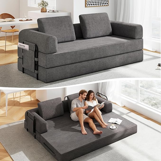 78'' Sleeper Couch Bed for Living Room Convertible Modular Sofa with Fixed Frame &amp Side Pocket Corduroy Futon Boneless Couches in a Box No Assembly Gray