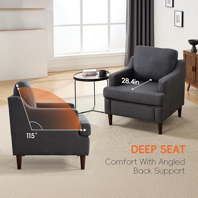Mid-Century Accent Chair Modern Linen Fabric Armchair for Living RoomComfy Upholstered Reading Chairs for BedroomSingle Sofa Chair with Wood Legs (Darkgrey Set of 2)