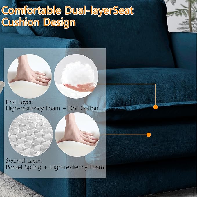 76.7 Chenille Modular Sectional Sofa Comfy Cloud Couch Sectional Sofa Modern Deep Seat Loveseat Sofa for Living Room Bedroom Apartment (Blue 76.7Inch-L Shape)