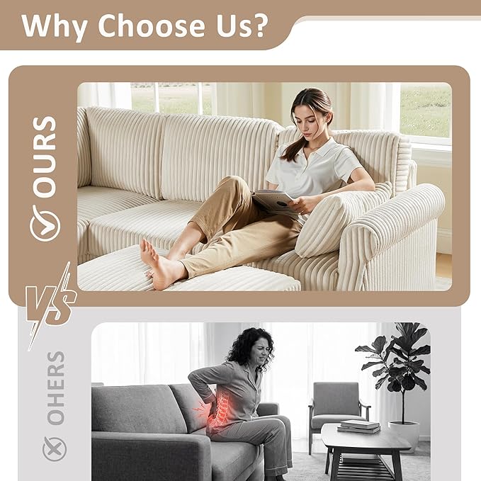90.6 V-Shaped Modular Sectional Sofa Couch Corduroy Corner Couches with Storage Ottoman 6-Seat Upholstered Oversized Couch Modern Sofa for Living Room Bedroom Apartment Office (Beige)