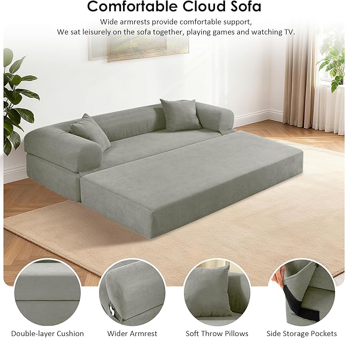 80 Convertible Sofa Bed No Assembly Modern Boneless Compression Sofa in Box 3-in-1 Corduroy Folding Pull Out Couch with Pillows Floor Couch with Side Storage Pocket for Living RoomLight Grey