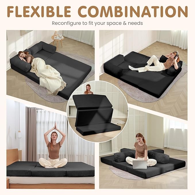 Convertible Sofa Bed King5-in-1 Folding Boneless Couch Corduroy Futon Sofa BedTri-Fold Mattress with Removable Armrests &amp HandleSleeper with Pull Out Bed for Small Space Living Room Bedroom