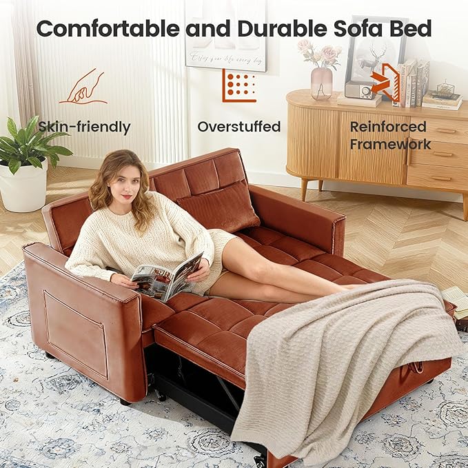 3 in 1 Convertible Sofa Bed Velvet Fabric Loveseat Sleeper Couch Modern Pull Out Couch with Side Pockets Sleeper Sofa Bed with Adjustable Backrest for Living Room Camel