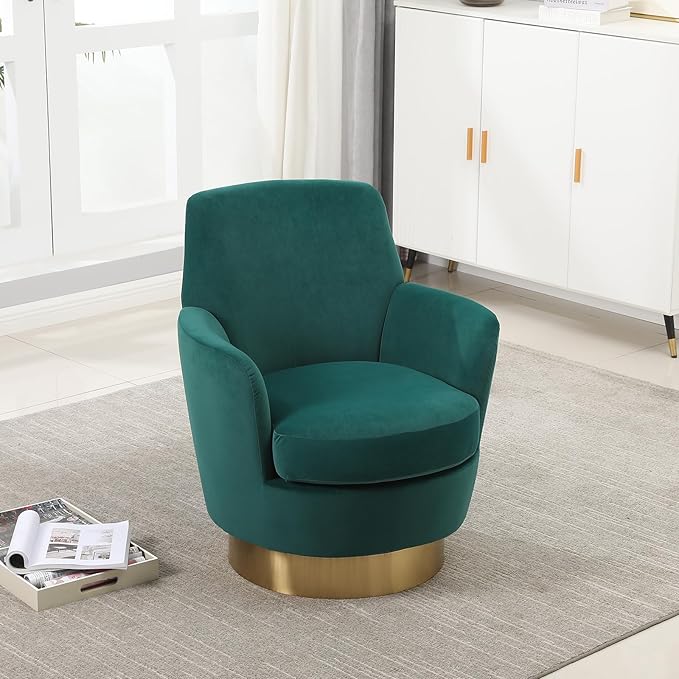 360° Swivel Barrel Accent Chair Comfy Round Accent Chairs with Gold Iron Base &amp Dual-Layer Cushion Modern Lounge Reading Armchair Upholstered Sofa Chair for Living Room Bedroom(Velvet Emerald