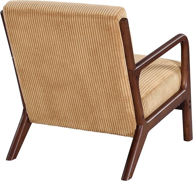 Wooden Accent Arm Chair Mid Century Armchair Comfy Modern Corduroy Accent Chair Boho Arm Chair with Pillow for Bedroom Lounge Living Room (Yellow)
