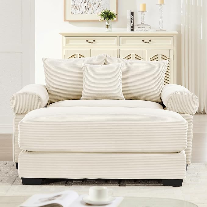 54.3 Oversized Cloud Accent Chair with Ottoman Modern Plush Corduroy Upholstered Extra-Thick Armrests &amp Overstuffed Cushion &amp 3 Pillows Comfy Chaise Lounge for Living Room Bedroom Apartment