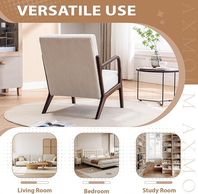 Mid Century Modern Accent Chair Arm Chair Living Room Chairs with Lumbar Pillow Upholstered Lounge Reading Chair with Solid Wood Frame &amp Corduroy Fabrics for Living Room Bedroom (Beige)