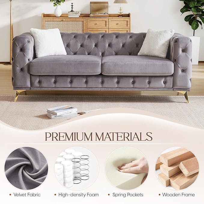 Mid Century Modern Couch and Loveseat Sofa Set Upholstered Velvet Couch with Button Tufted &amp Gold Legs Deep Seat Comfy Chesterfield Sofa for Living Room Bedroom Office(Loveseat + 3 Seater Gre