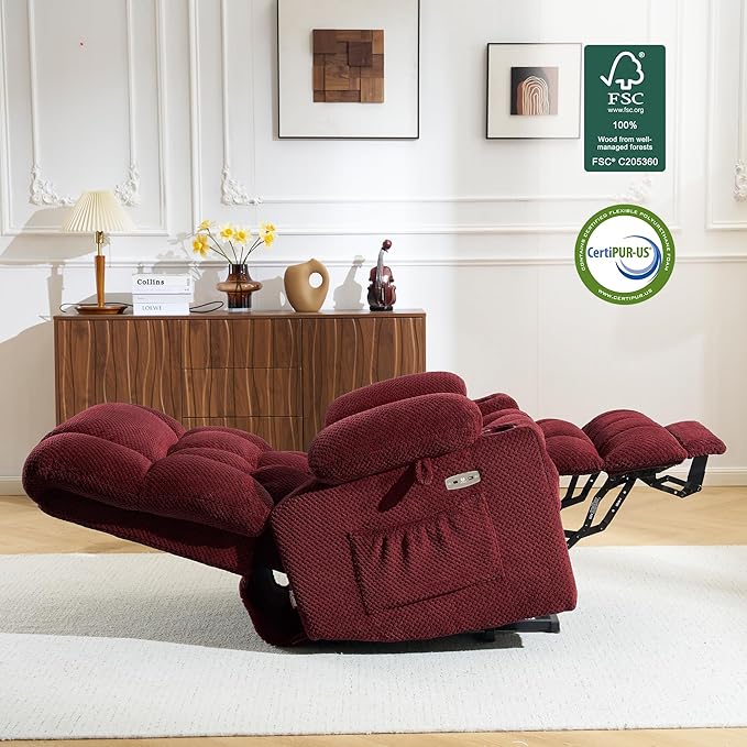 MCombo Dual Motor Large Power Lift Recliner Chair for Elderly Lay Flat Lift Chair with Heat and Massage Big Lift Recliner for Tall People Cup Holders Fabric 7896 (Large Burgundy)
