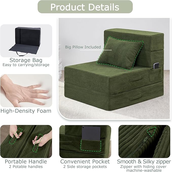 Folding Sofa Bed 4 in 1 Convertible Sleeper Chair with Pillow Single Memory Foam Fold Out Chair Bed Modern Floor Futon Sofa Couch Mattress for Living Room/Guest/Apartment Green | Convertible Comp