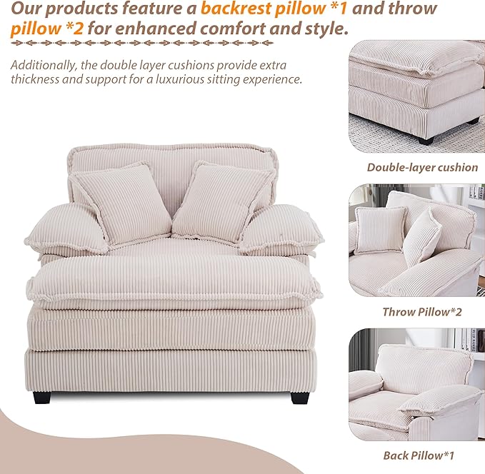 TTK Oversized Chaise Lounge Chair with Ottoman - 39.17 Wide Modern Sleeper Sofa for Living Room Bedroom &amp Office - Deep Seat Sectional Couch with Pillow Comfortable Reading ChairWhite