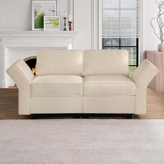Naomi Home Sarah Modular Loveseat Sofa Couch with Storage Seats Air Leather 2 Seater Love Seats for Small Spaces Beige