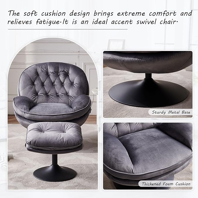 Swivel Accent Chair with Ottoman Set Velvet Modern Lounge Armchair with Metal Base Frame &amp Footrest Comfy Lazy Single Leisure Chair with 360 Swiveling for Living Room/Bedroom/Grey