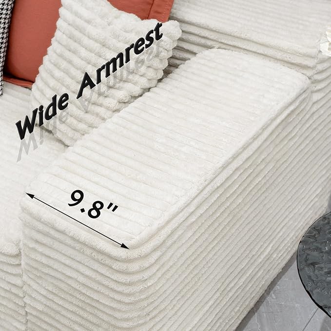 3-Piece Boneless Modular Sectional Sofa Cloud Couch with Left Facing Chaise Oversized Deep Seat Soft Corduroy Fabric Sectional Couch for Living Room-White