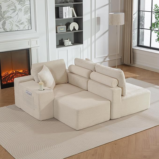 110Modular Sectional Sofa CouchesConvertible L-Shape Cloud Couch 3 Seat Oversize Chaise with OttomanCompressed FoamComfy BonelessSide PocketsCup Holders for Living RoomApartmentCorduroy Beige