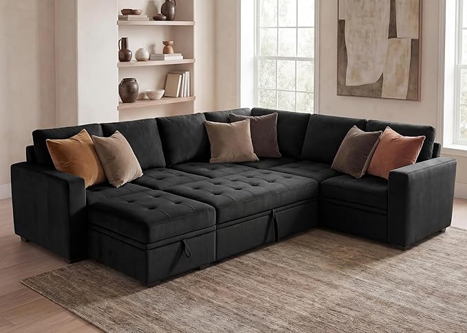 HONBAY Modular Sectional Couch with Pull Out Bed Sleeper Sofa with Storage U Shaped Modular Sectional Couches for Living RoomVelvet Black