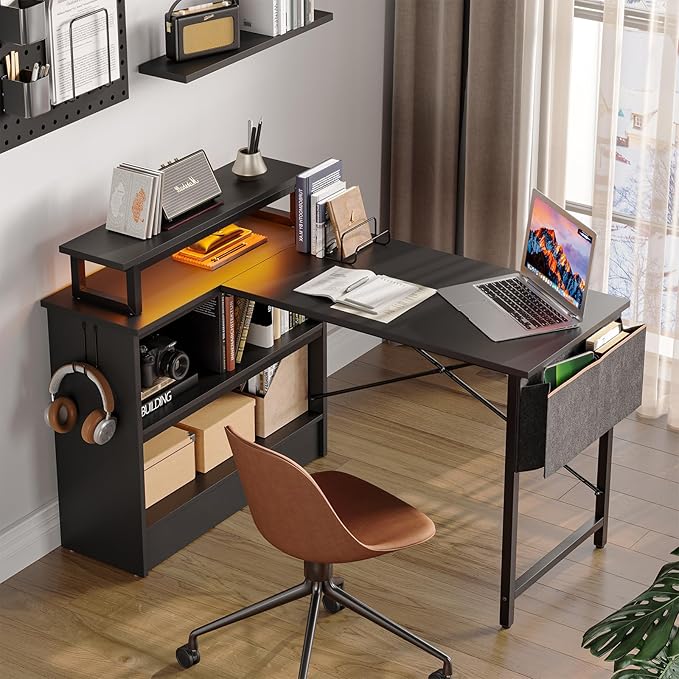 Bestier Small L Shaped Desk with LED Lights 42 Reversible Computer Desk with Open Storage Cabinet &amp Monitor Stand Corner Desk with Side Storage Bag for Home Office Bedroom Black