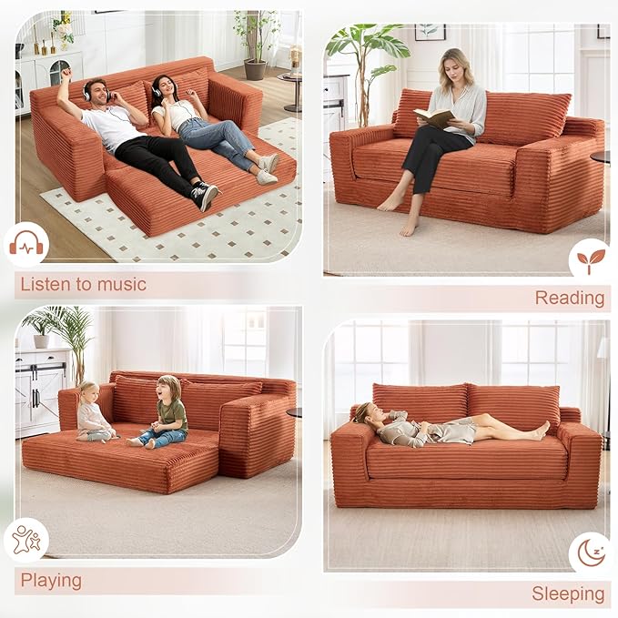 GNIXUU Corduroy Cloud Loveseat Sofa 2 in 1 Convertible Sleeper Sofa with Fixed-Shape Frame Comfy Folding Boneless Love Seat Couches for Living Room Apartment Small Spaces. Orange