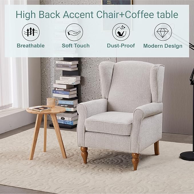 ZMAD Accent Chair Upholstered High Back Floral Armchair Wood Legs Comfy Wingback Reading Single Sofa ChairPlus a Solid Wood Coffee Table for Small Spaces Living Room Bedroom (Beige)
