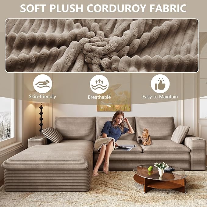 107 Cloud Couch Modular Sectional Couchs with Chaise Lounge L-Shape Boneless Couches for Living Room Corduroy Sofa with Deep Seat No Assembly Required (Camel Left Facing Chaise)
