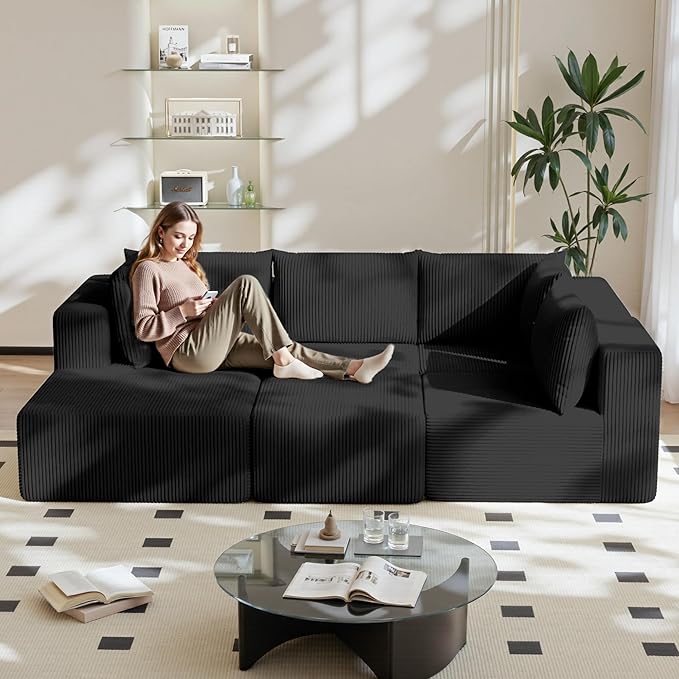 138 Boneless Couches for Living Room Modular Cloud Couch Sofa - 5 Pieces U Shap Corduroy Sectional Sofa Fluffy Memory Foam Sleeper Sofa Furniture No Assembly Wide Armrest Black