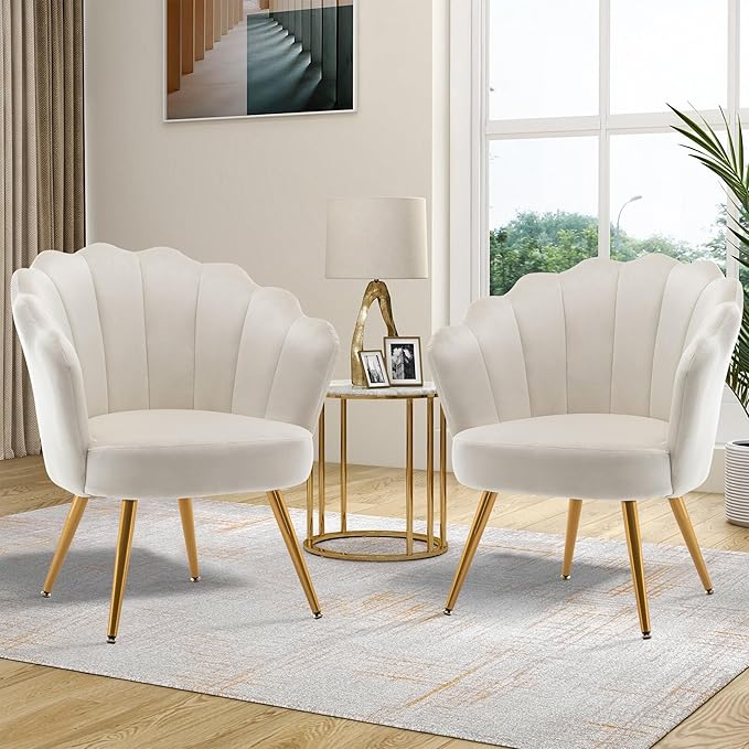 Alunaune Mid Century Velvet Living Room Chair Accent Chairs Upholstered Vanity Chair for Makeup Room Modern Barrel Arm Chair Guest Leisure Chair Comfy for Bedroom-Ivory