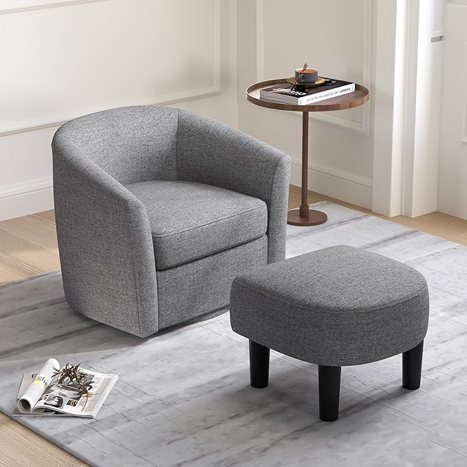 Giantex Swivel Accent Chair with Ottoman Modern Barrel Club Chair w/Footrest Curved Backrest &amp Armrests Removable Seat Cushion Swivel Single Sofa Arm Chair for Living Room Bedroom Office Gr