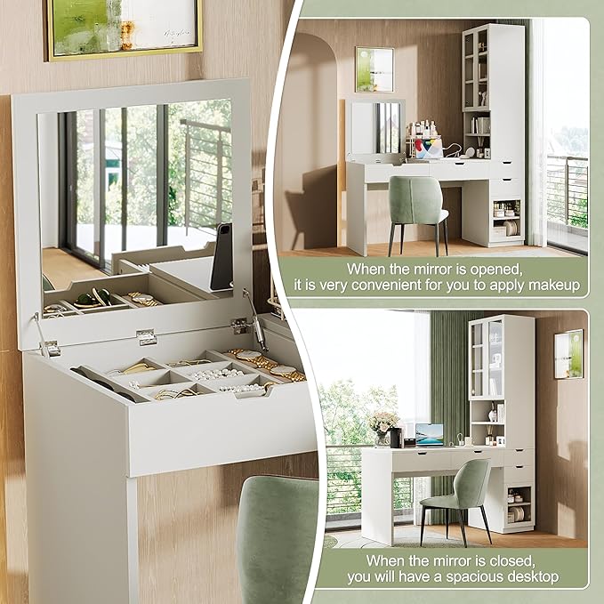 2-in-1 L-Shape Home Office Desk with Flip-top Mirror and Charging Station Studry Table with Hutch Computer Desk with 3 Drawers 8 Hidden Storage 2 Cabinets and Open Shelves (White)
