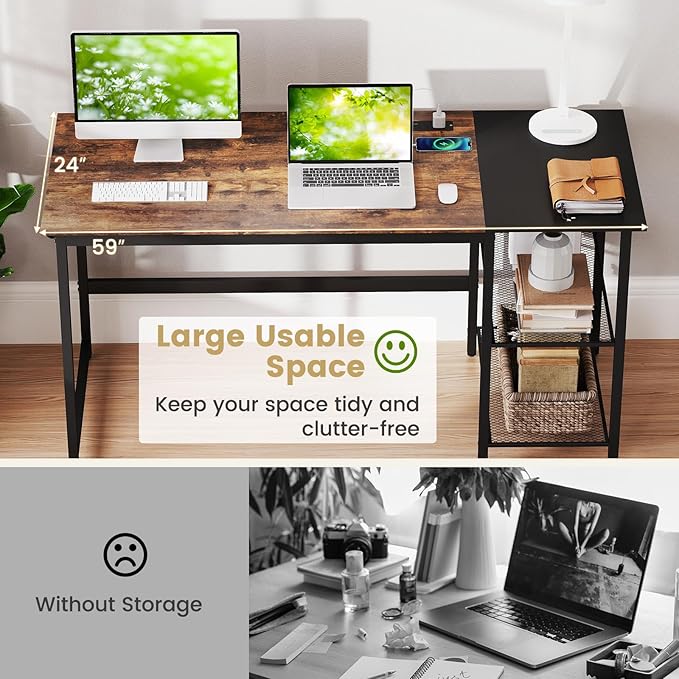 Computer Desk 59’’ Gaming Desk w/Storage Shelves &amp Power Outlet Wood Office Table w/Steel Frame &amp Adjustable Feet Large Writing Desk for Bedroom Study Home Office (Rustic Brown 59''W)