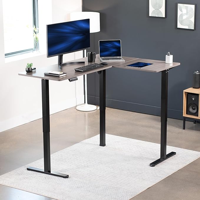 VIVO Corner Standing Desk 63 x 47 inch Reversible L-Shaped Workstation Electric Height Adjustment Home Office and Reception Rooms Dark Gray Table Top Black Frame DESK-E3CTG-47