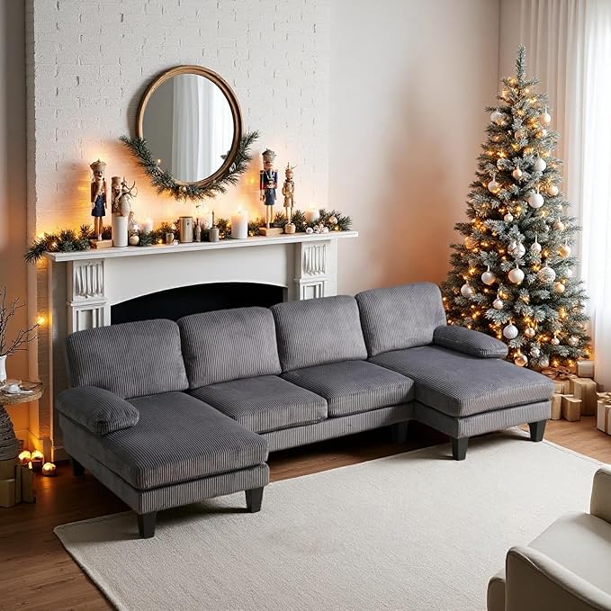 VINGLI 110 Sectional Couches for Living RoomU Shaped Couch with Double Chaise 4-Seat Sofa Set with Corduroy Fabric for Home FurnitureGrey