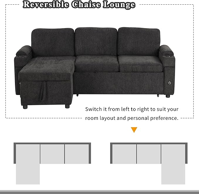 Versatile L-Shaped Sofa Couch Convertible Sofa Bed Chenille Fabric Sectional Sofa with Reversible Chaise Lounge Storage Space 2 Cup Holders and Two USB Ports for Living Room (Black-2C)