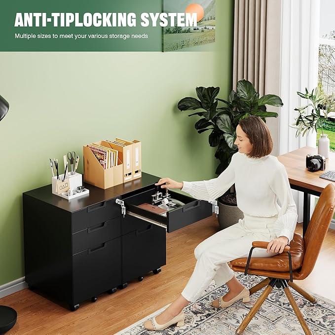 Letaya 3 Drawer Mobile File Cabinet with LockUnder Desk Metal Small Filing Cabinets for Home Office Organizer Letters/Legal/A4(Fully Assembled Except Wheels-White)
