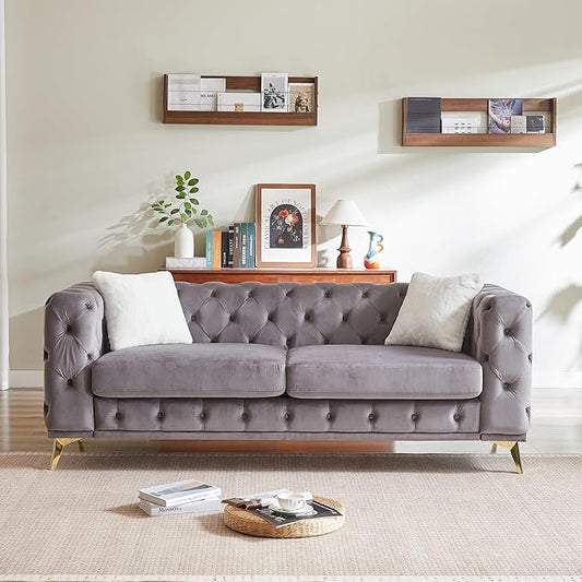 82.5'' Velvet Chesterfield Sofa Button Tufted Upholstered Sofa Couches with 2 Pillows Golden Metal Feets Removable Thick Cushions Comfy Chesterfield Couches for Living Room Apartment Grey