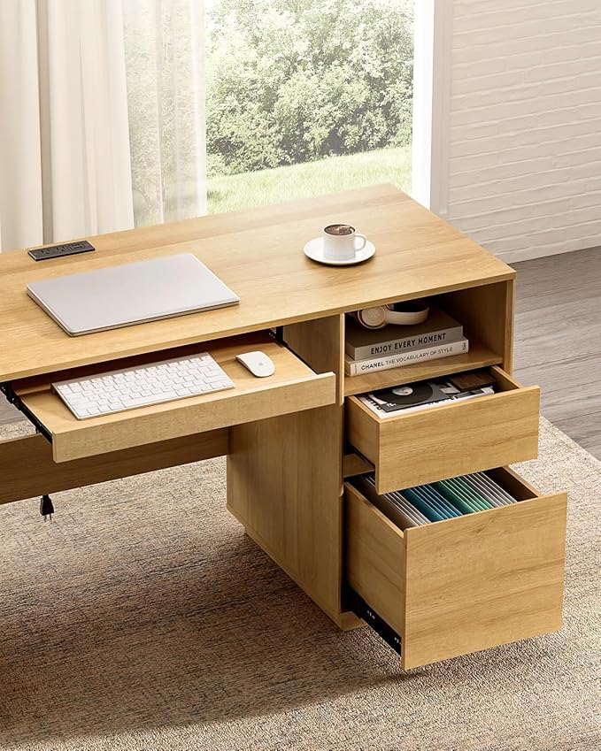 47 Executive Desk with File Drawer Farmhouse Computer Desk with Charging Station and Open Storage Compartment Wooden Home Office Desk for Writing Study Working Natural Oak