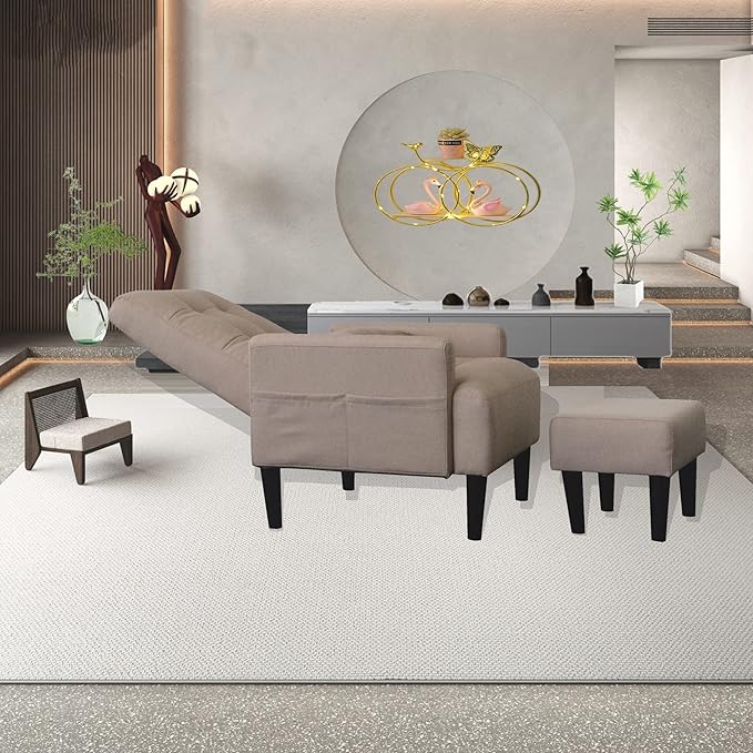Brown Living Room Sofa Single Chair and Ottoman Modern Multi-Function Fabric Living Room Sofa Lounge Chair Bed and Stool. Soft Leisure Single Chair Adjustable into 5 Angles