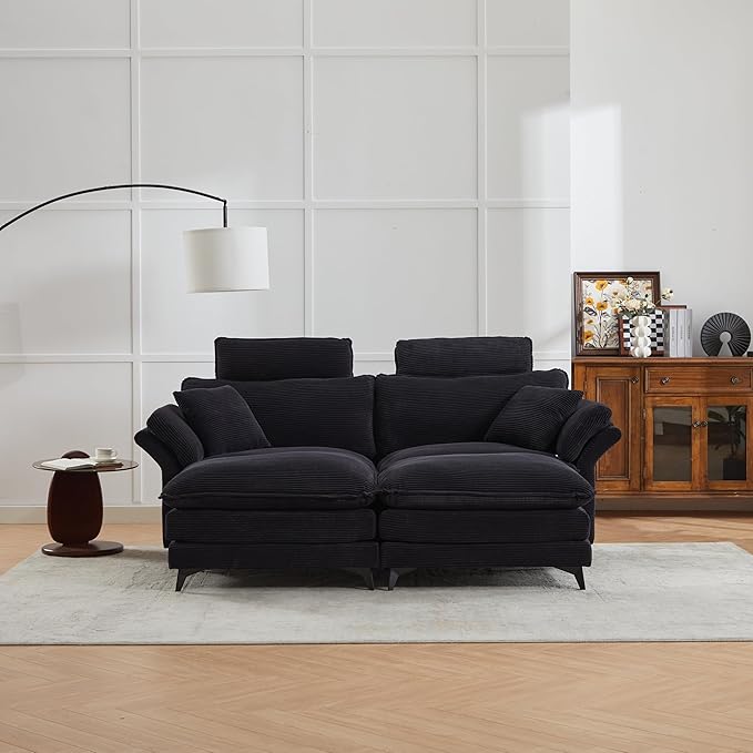 KEIKI 85.8 Oversized Corduroy Loveseat Sectional Sofa w/Movable Ottoman &amp HeadrestsModern Minimalist Deep Seat Cloud Couches with Extra-Thick Cushions for Living Room ApartmentBedroomBlack