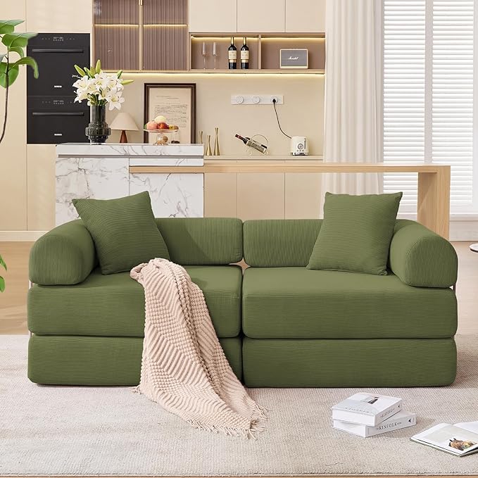 73 Convertible Modular Folding Sofa Bed 5-in-1 DIY Combination Fold Out Sleeper Sofa Bed Loveseat sleeper Couch with Removable Armrests Corduroy Floor Couch Small couches for small spaces Green