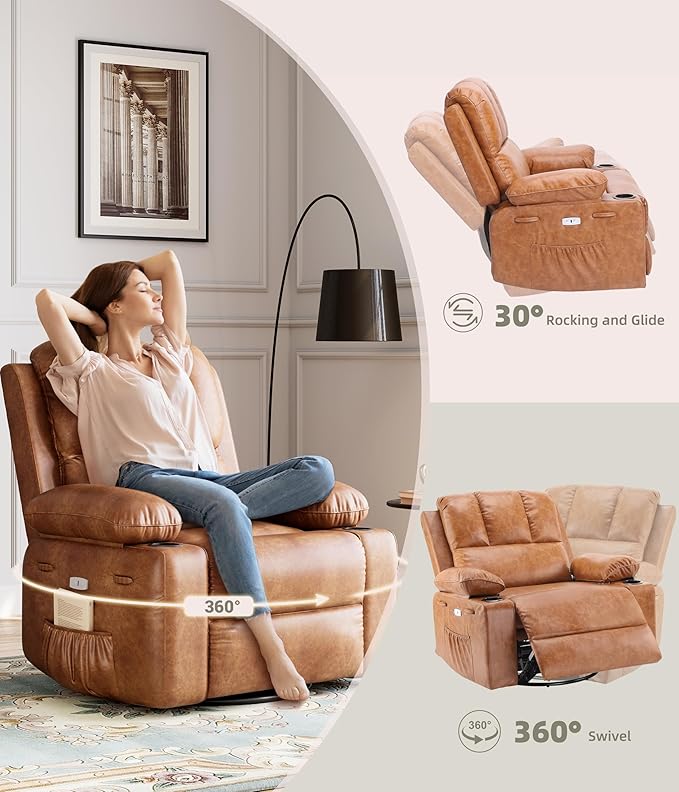 Oversized Recliner Chairs with Massage and Heat Leather Recliner Chair for Adults Rocker Recliner with Cup Holder for Living Room Bedroom and Nursery Light Brown