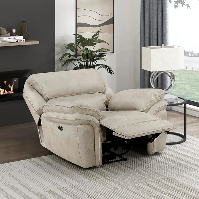 Lexicon Power Reclining Chair for Adults Polished Microfiber Power Recliner Single Sofa Chair for Bedroom/Living Room/Reading Nook Foam Over Pocket Coils Pillow Top Arms Charging Port Sand