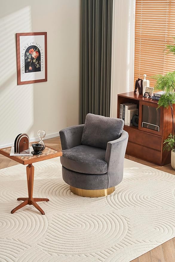 Velvet Swivel Barrel Chair Swivel Accent Chairs Armchair for Living Room Reading Chairs for Bedroom Comfy Round Barrel Chairs with Gold Stainless Steel Base (Grey)